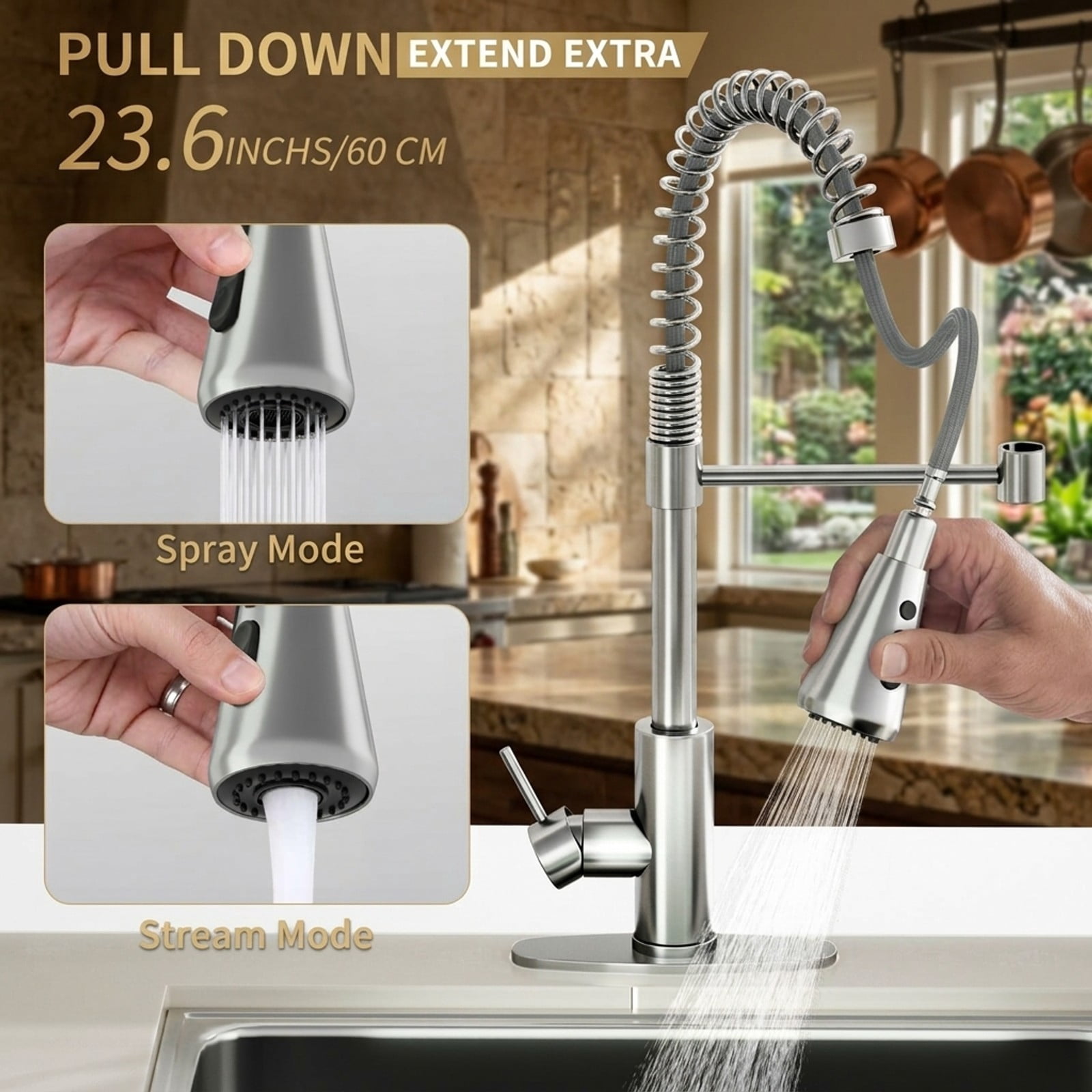 Fenbeli Pull-Down Kitchen Faucet, 23.6-Inch Sprayer, 360-Degree Swivel Single-Handle Sink Faucet with Dual Spray Modes, Silver