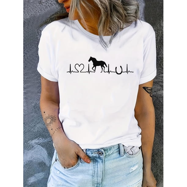 Women's Casual Crew Neck T-Shirt with Equestrian Heartbeat Print, Regular Fit Knit Fabric Top for SuCamisetas para mujer, lindas camisetas con estampado gráfico, de manga corta, estilo casual, para ve