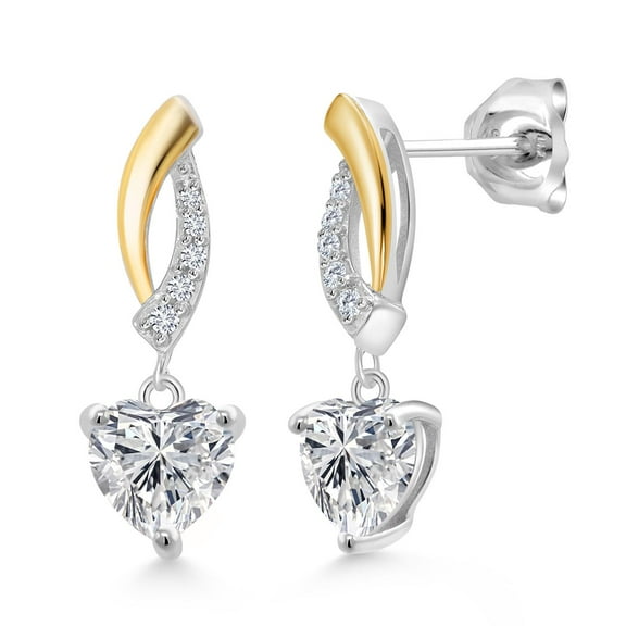 Gem Stone King 925 Silver and 10K Yellow Gold IGI Certified Lab Grown Diamond Dangle Earrings for Women | 2.10 Cttw | Heart Shape Diamonds Each 1 Ct | E-F Color | VS1-VS2 Clarity