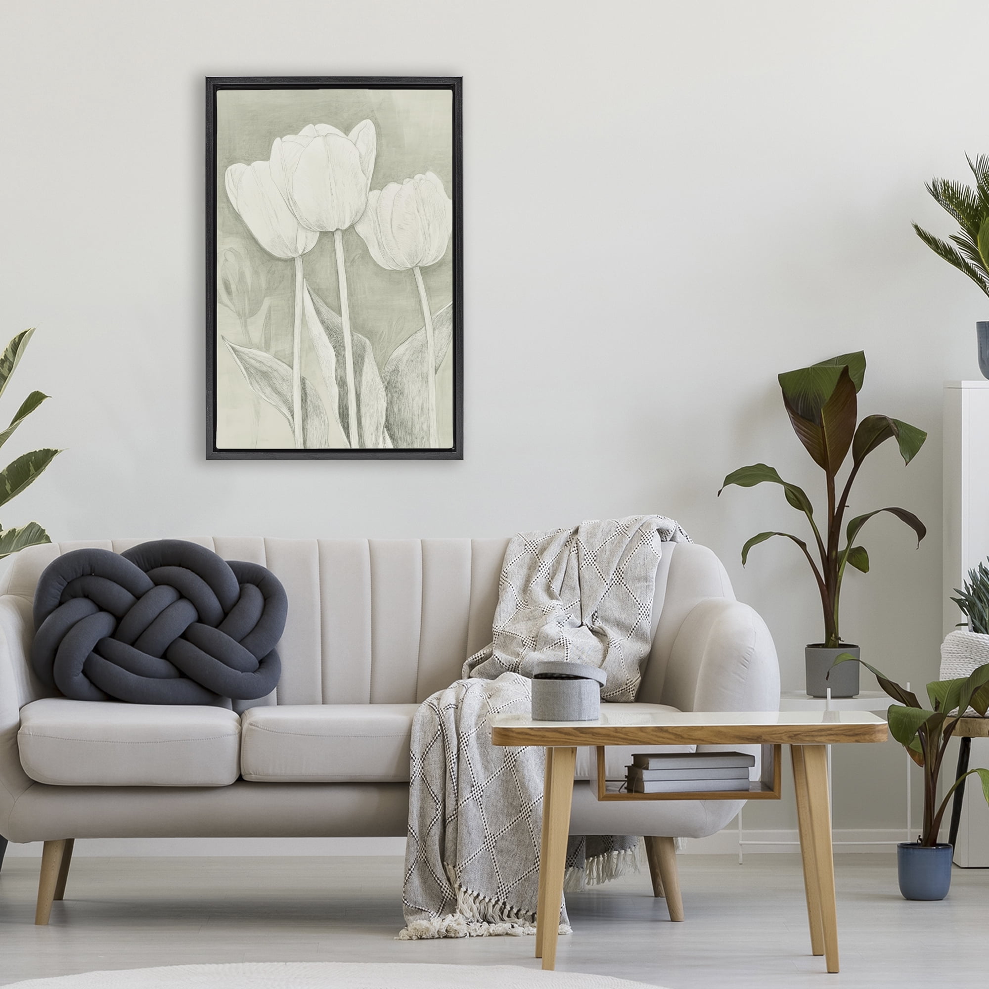 Stupell Industries Faded Tulips Pencil Sketch Black Framed Floater Canvas Wall Art, design by Petal Prints Design