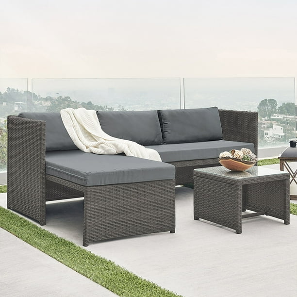 Belleze Balboa 3 Piece Patio Conversation Set All Weather Wicker Rattan Corner Sofa With Cushion And Glass Table Gray Com Wicker Rattan Corner Sofa, All Weather Rattan Corner Sofa