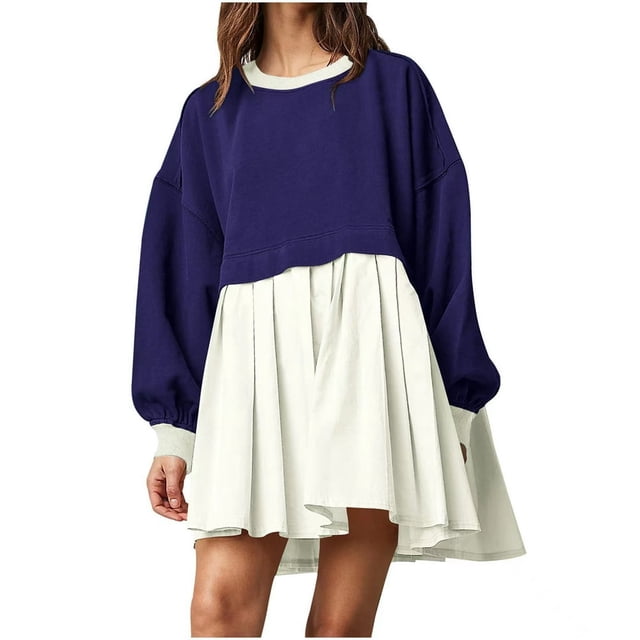 PENGXIANG Robe Ligne A avec Col et Couleur Contrastée pour Femmes Style Décontracté de Printemps