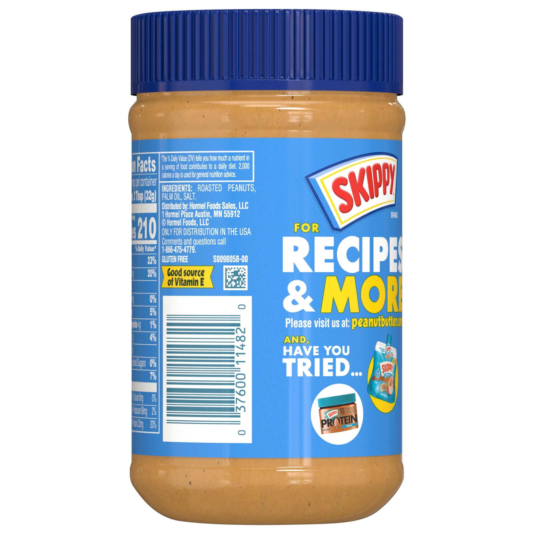 (4 pack) SKIPPY Chunky Peanut Butter Spread No Sugar Added, 7 g Protein Per Serving, Shelf-Stable, 16 oz Plastic Jar