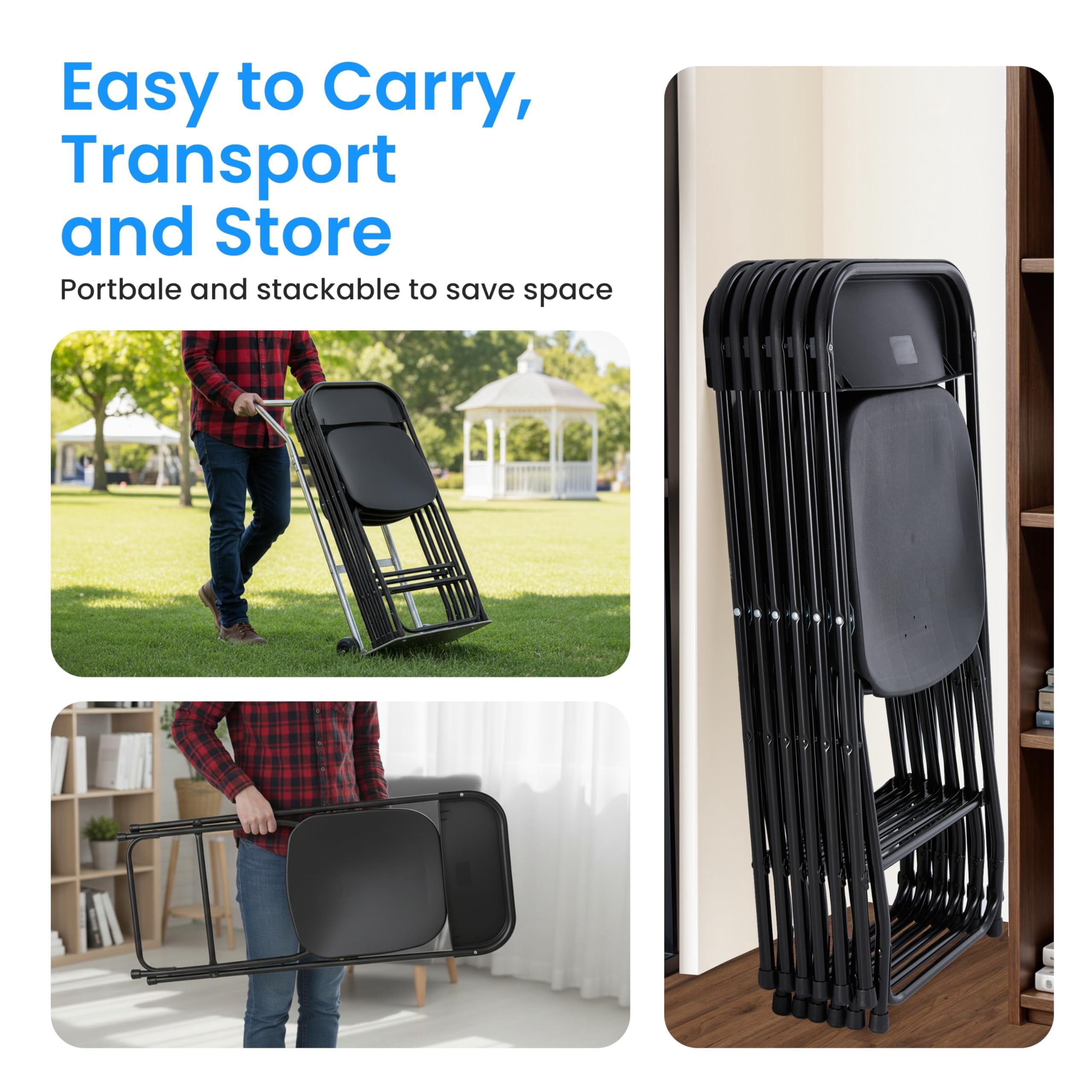 Simple Deluxe 6-Pack Plastic Folding Chair, Portable Chair with Metal Frame, 330lb Capacity, Foldable Stackable Indoor Outdoor Chairs for Wedding, Party, Picnic, Office & Dining, White