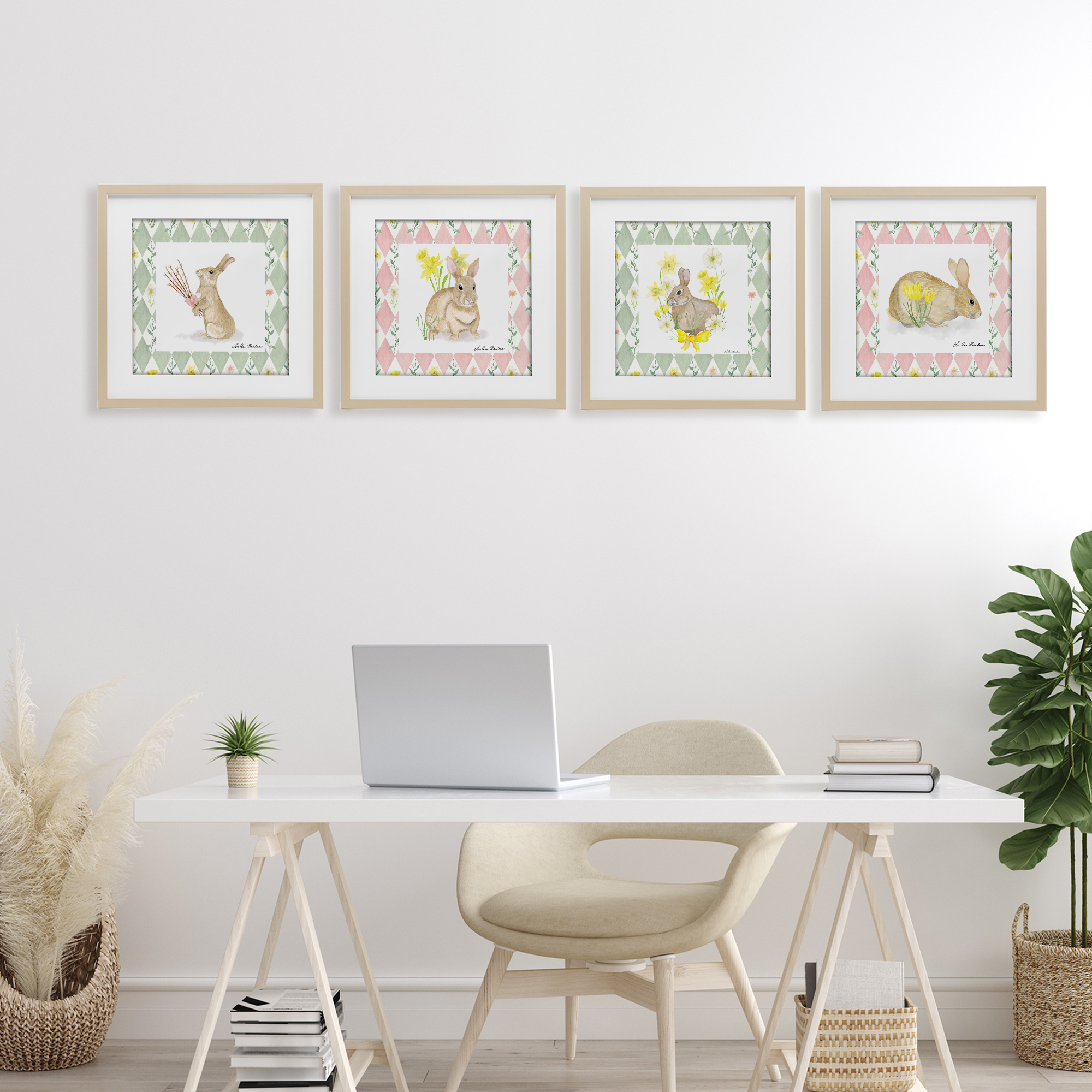 Spring Bunnies on Argyle 4 Piece Birch Framed Print Under Glass Set, design by Lee Ann Sanders