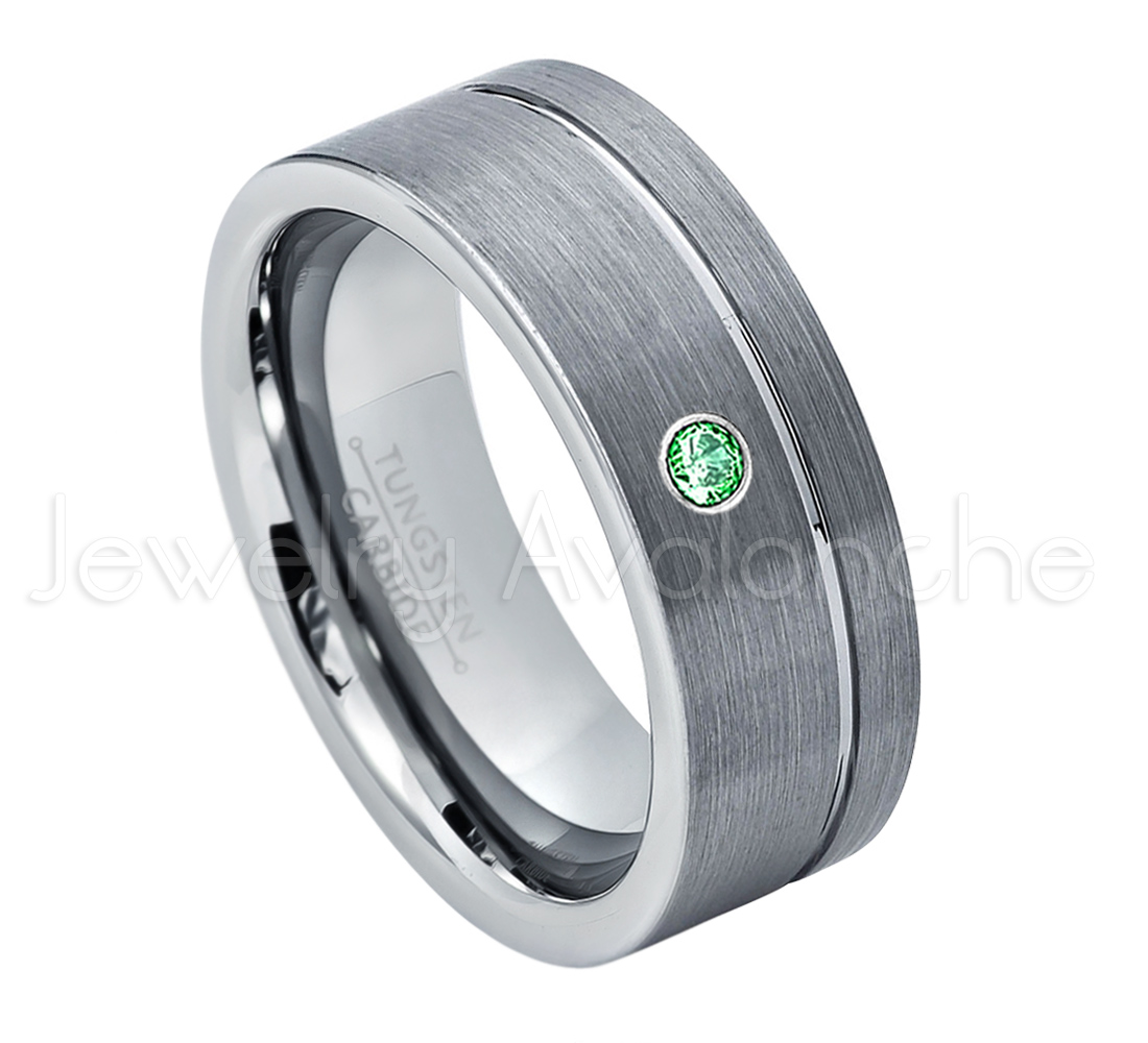 0.07ct Emerald Solitaire Band 8mm Brushed Finish Grooved Comfort Fit Pipe Cut Tungsten Carbide Wedding Ring TN030BS May Birthstone Ring