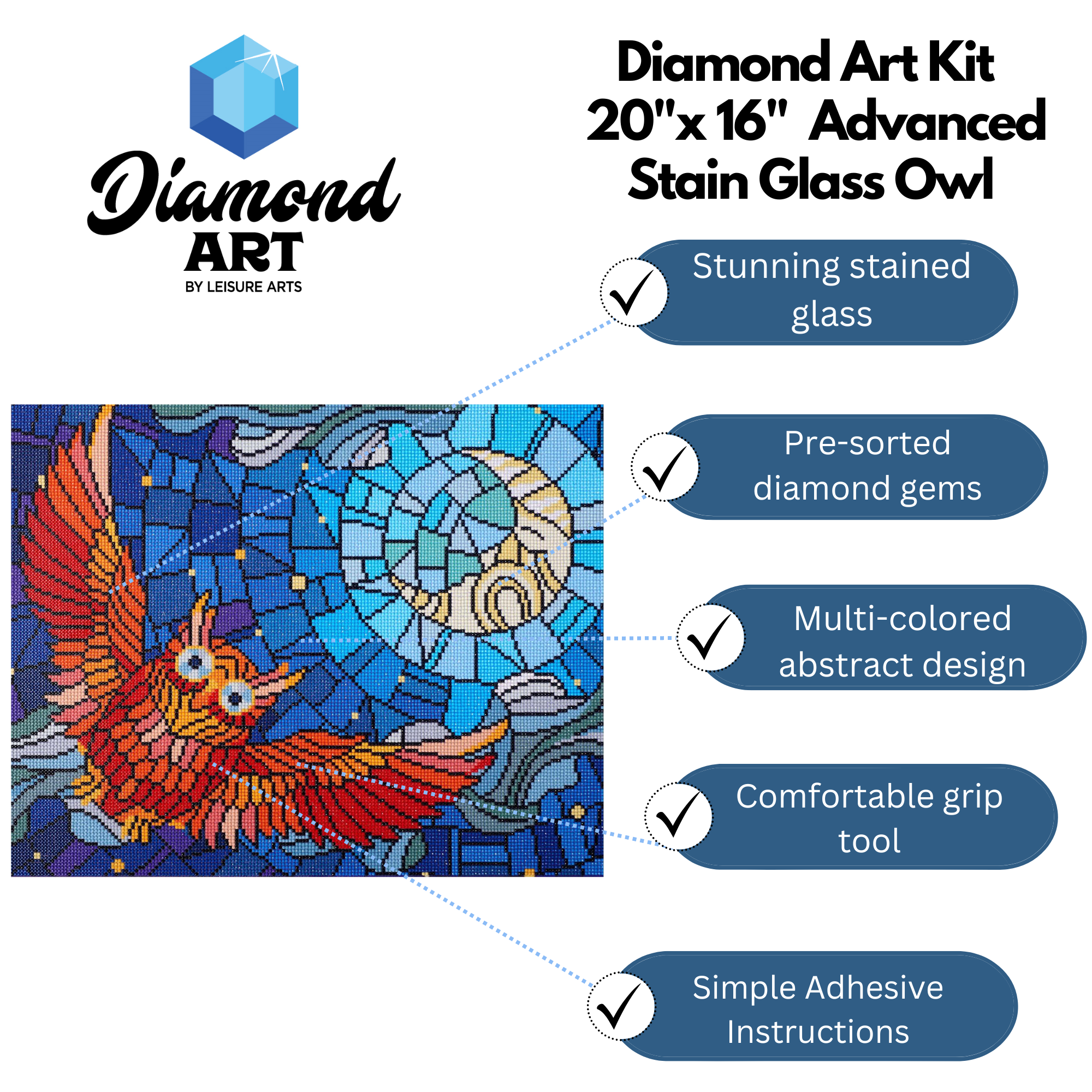 Diamond Art By Leisure Arts Diamond Painting Kits For Adults 16"X20" Advanced Stain Glass Owl, Full Drill, Art Kits, Dimond Art, For Adults, Kit
