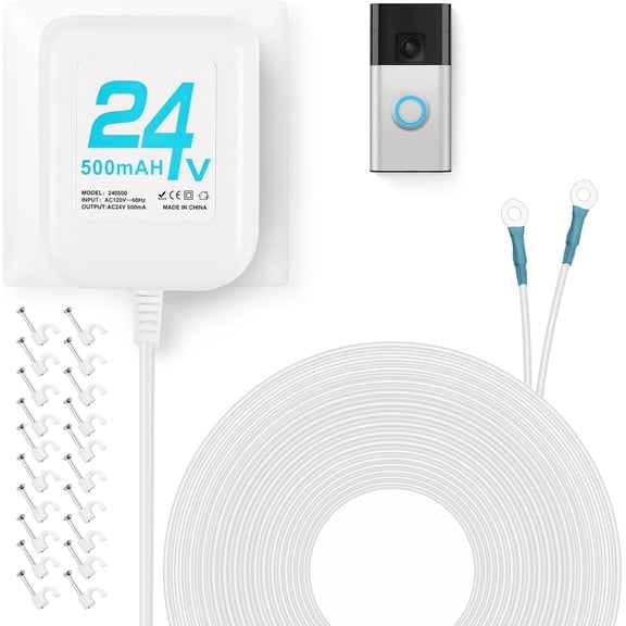 24V Doorbell Transformer, AC Adapter for All Ring Video Doorbell Versions, 16.4ft Doorbell Power Supply, Power Cable Compatible with Ring, Nest, Wyze, and Eufy Doorbells (White)