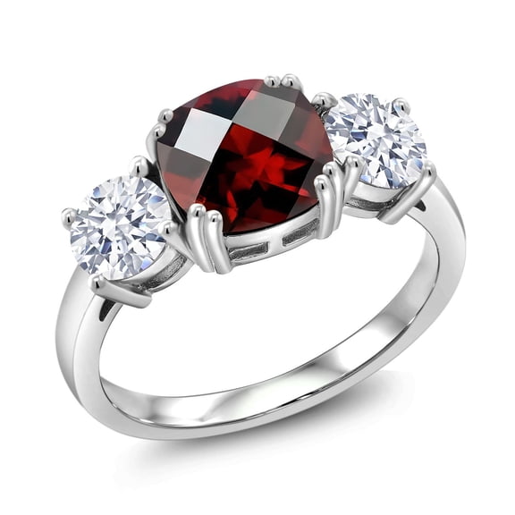 Gem Stone King 925 Sterling Silver Red Garnet and White Zirconia 3 Stone Engagement Ring for Women (3.90 Cttw, Gemstone January Birthstone, Cushion Checkerboard 8MM, Size 5)