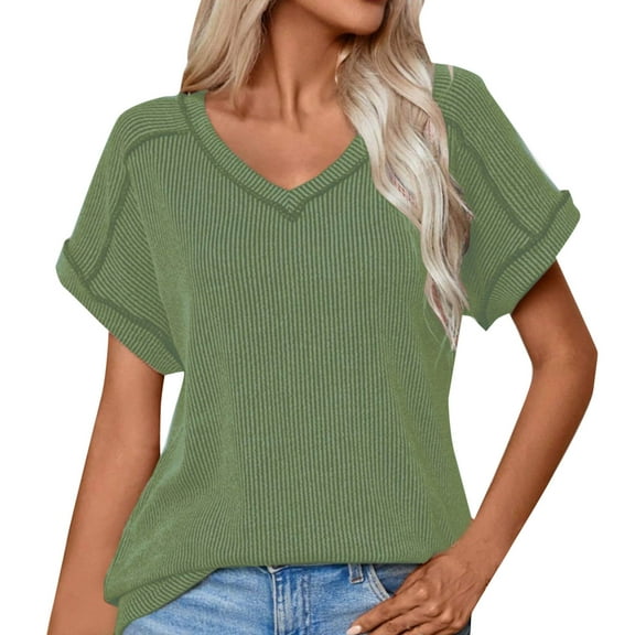 ABATAB Womens Ribbed T Shirt Casual V Neck Tops Short Sleeve Loose Fitted Basic Tees Summer Trendy