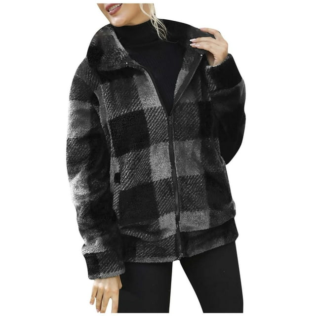 IROINID Veste Courte Shacket Revers Revers Plaid Fermeture Éclair à Double Face Poches Molletonnées Loisirs Tops, Gris