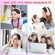 QearFun Kids Wireless Headphones, Cat Ear Headphones with LED Lights for Kids/Boys/Girls/Toddler Aged 3 up, Childrens Bluetooth Headphones Foldable with Microphone for Phone/Tablet/Laptop (Pink)