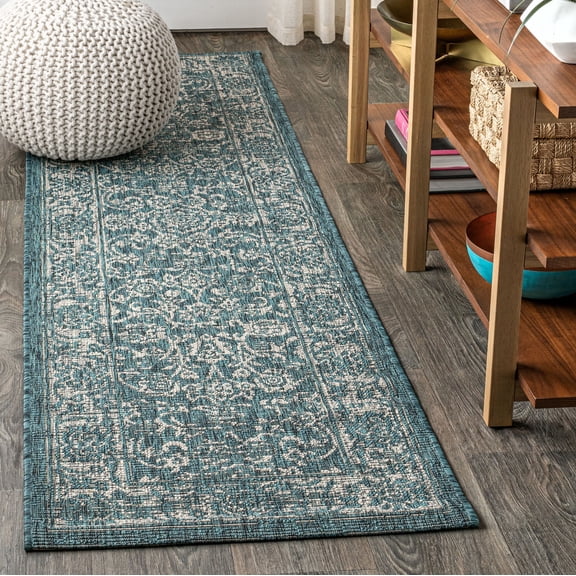JONATHAN Y SANTA MONICA 2 x 8 Runner Rug, Tela Bohemian Textured Weave Floral - Teal/Gray, SMB100C-28