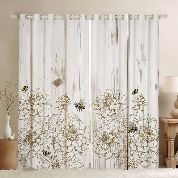 Manfei Rustic Floral Print Curtains for Living Room, Cartoon Bee Animal Blackout Curtains for Bedroom, Lodge Cabin Curtains Pack of 2 (42x63), Window Curtains Room Decor