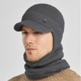thumbnail image 4 of 1 Set Men Hat Scarf Solid Color Short Brim Dome Thickened Plush Lining Coldproof Winter Stretch Knitted Hat Outdoor Wear, 4 of 9