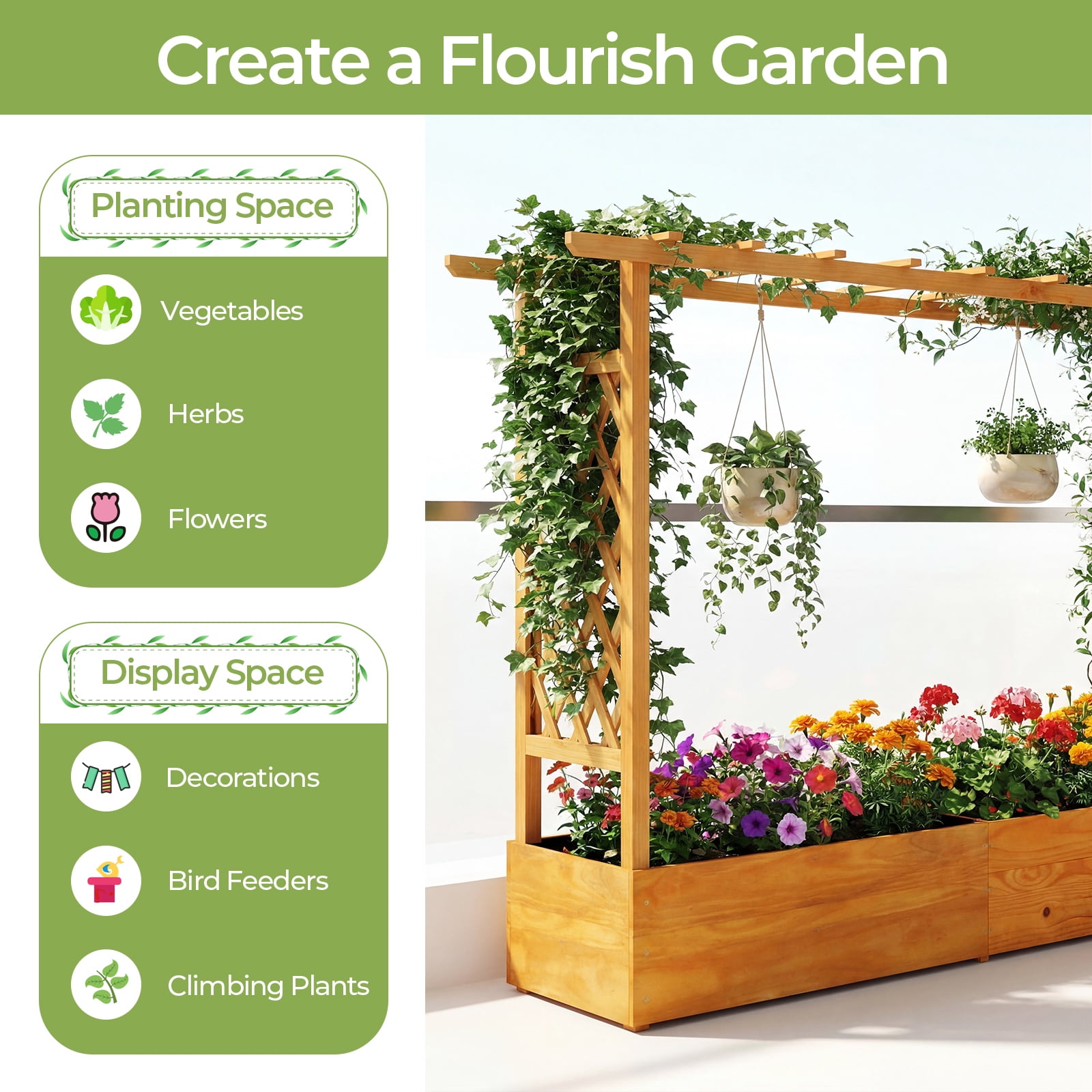 Costway 1 PCS Raised Garden Bed with Trellis Hanging Roof Planter Box Drainage Holes for Patio