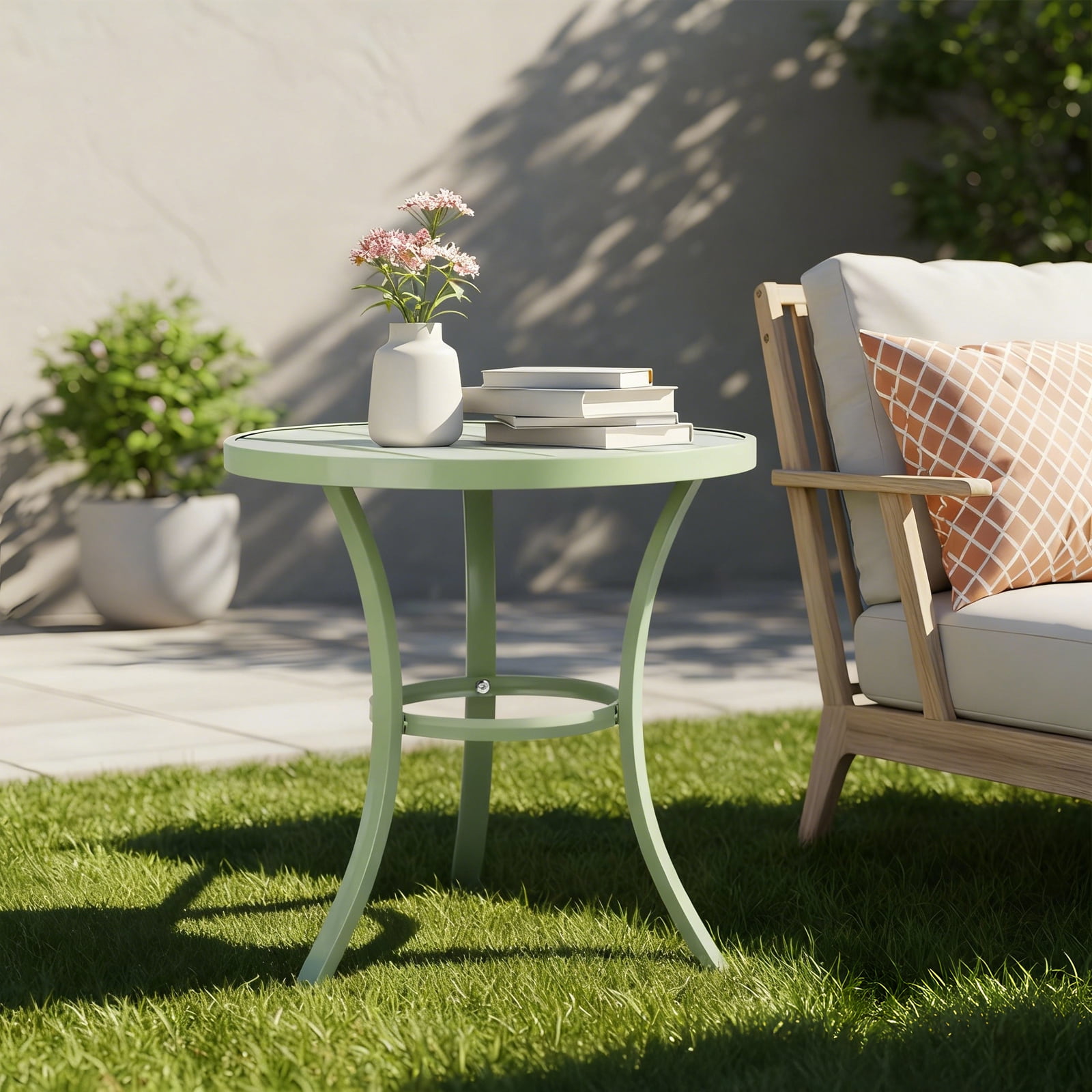 Ktaxon Round Patio Side Table 20 Inch, Metal Indoor Outdoor Coffee Table, Light Green