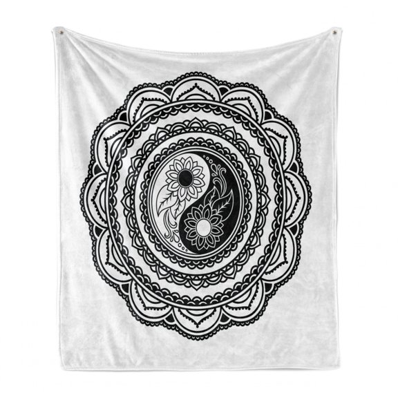 Black and White Soft Flannel Fleece Throw Blanket, Tattoo Style Mandala with Sunflowers and Yin Yang Shape, Cozy Plush for Indoor and Outdoor Use, 50" x 70", White and Black, by Ambesonne