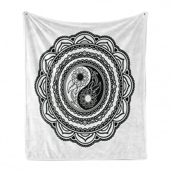 Black and White Soft Flannel Fleece Throw Blanket, Tattoo Style Mandala with Sunflowers and Yin Yang Shape, Cozy Plush for Indoor and Outdoor Use, 70" x 90", White and Black, by Ambesonne