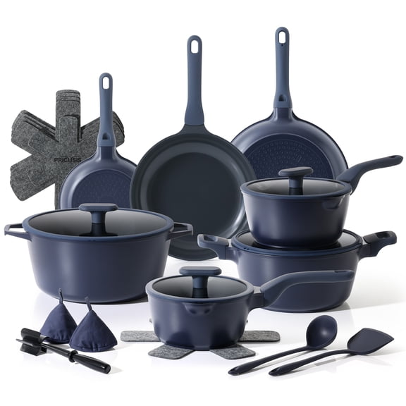 PRICUSIS Ceramic Nonstick 21 PCS Cookware Set, Frying Pan & Sauce Pan & Stockpot, Damson Navy
