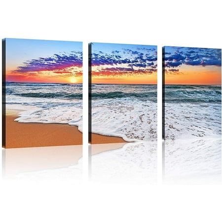 3 Panel Beach Canvas Wall Art for Home Decor Blue Sea Sunset White ...