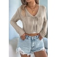 thumbnail image 5 of Women'S Tie Front Long Sleeve Scalloped Crop Cardigan Knit Top Khaki XL, 5 of 9
