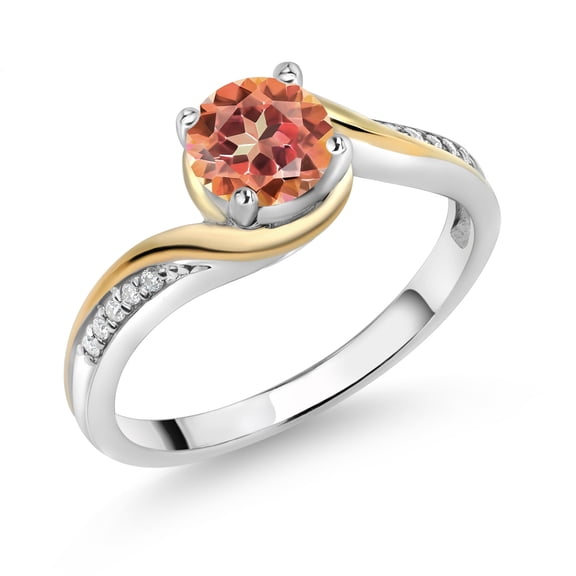 Gem Stone King 925 Silver and 10K Yellow Gold Ring Round Ecstasy Mystic Topaz and Moissanite (1.05 Cttw, Size 7)