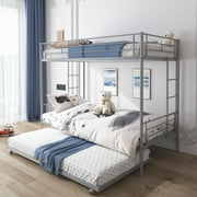 Enyopro Bunkbed with Roll Out Trundle Bed Frame, Metal Bunk Bed can be Divided into Two Twin Beds, Trundle Twin Bunk Bed with Ladders and Guardrails for Guest Room, Space Saving Bedroom Furniture