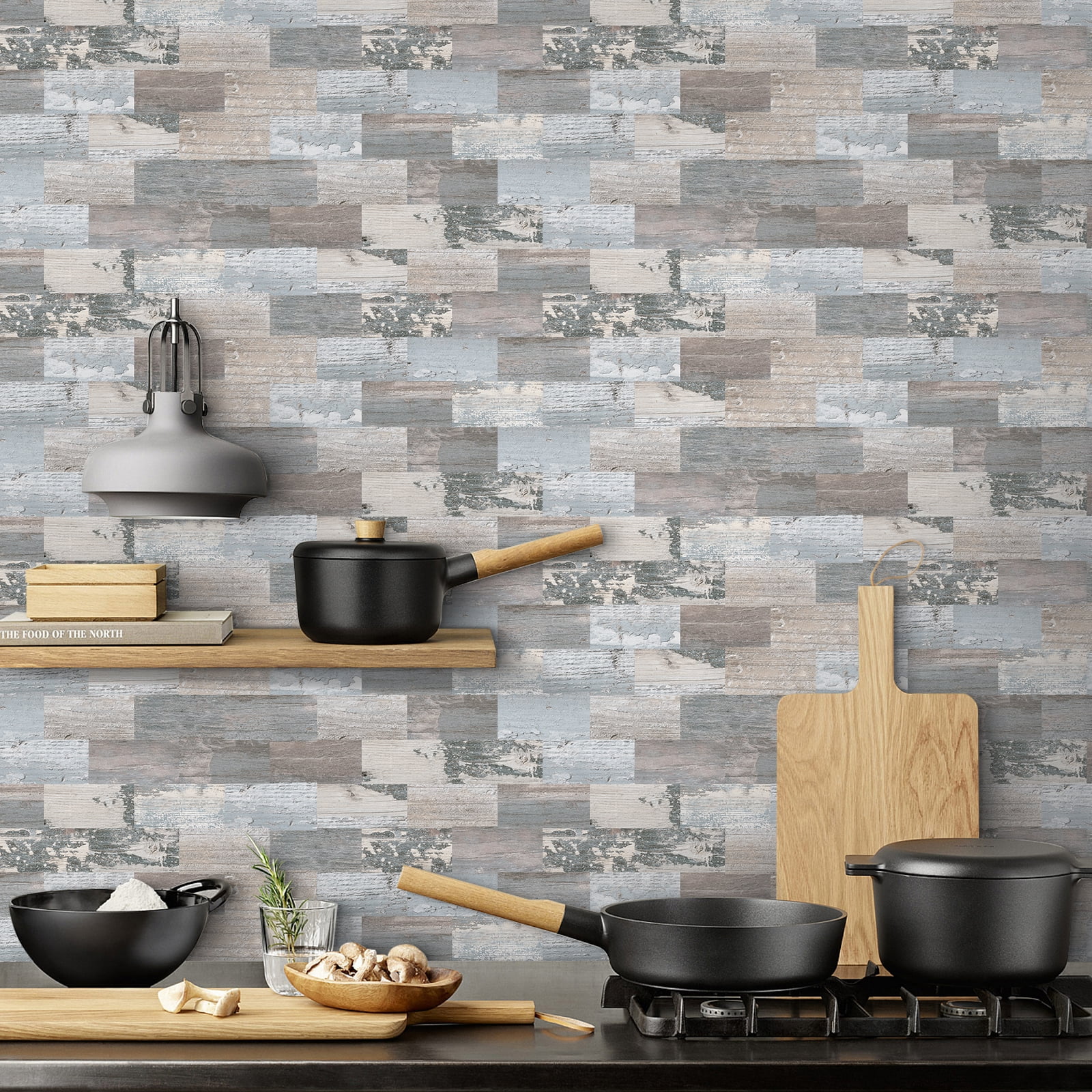 DEWOO 10-Sheet Peel and Stick Backsplash Wall Tile Self Adhesive, Stickon Tile for Kitchen Backplash, Bathroom Vanities, Fireplace Decor, Laundry Table, Stair Decals in Spruce Grey Rustic