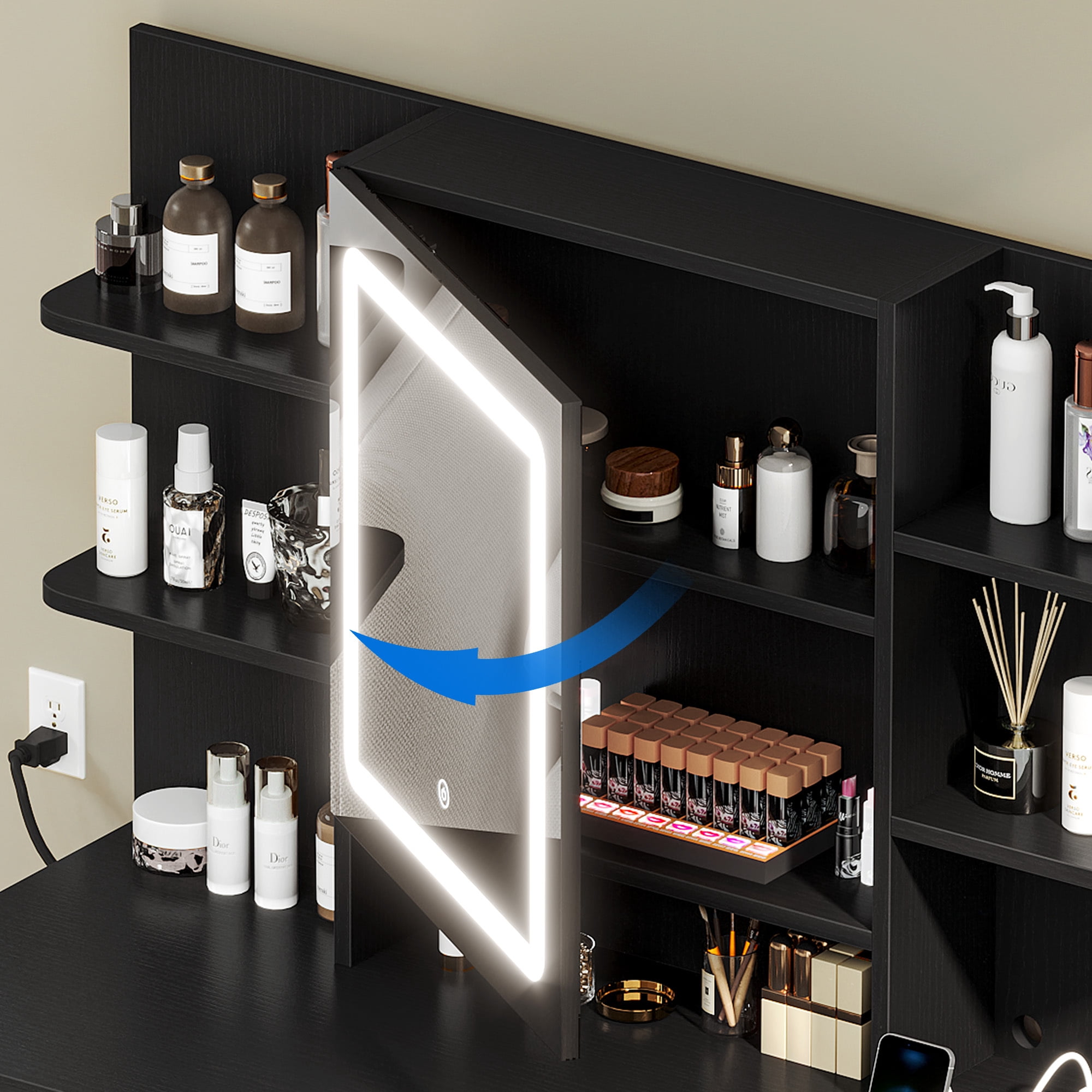 Uforic Makeup Vanity Set with LED Lighted Mirror, Makeup Desk with Drawers & Stool, Vanity Dressing Table with Hidden Storage Shelves, Makeup Dressing Table Set for Girls,Princess, Black