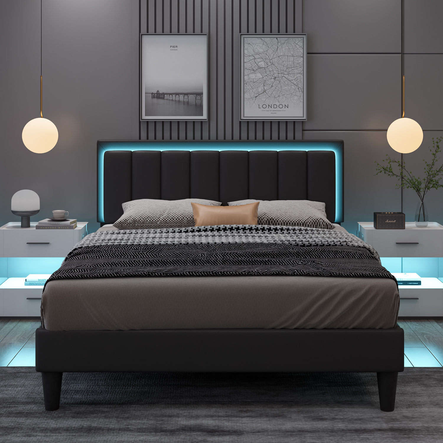 4 EVER WINNER Full Bed Frame with LED Light, Upholstered Platform Bed Frame with Headboard, Black