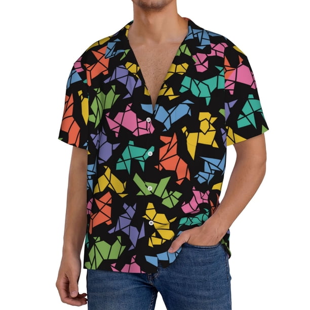 Balery Colorful Geometric Dog Camisa Casual de Manga Corta con Botones para Hombre, Texturizada, Estilo Cubano, para Playa, Verano-X-Large