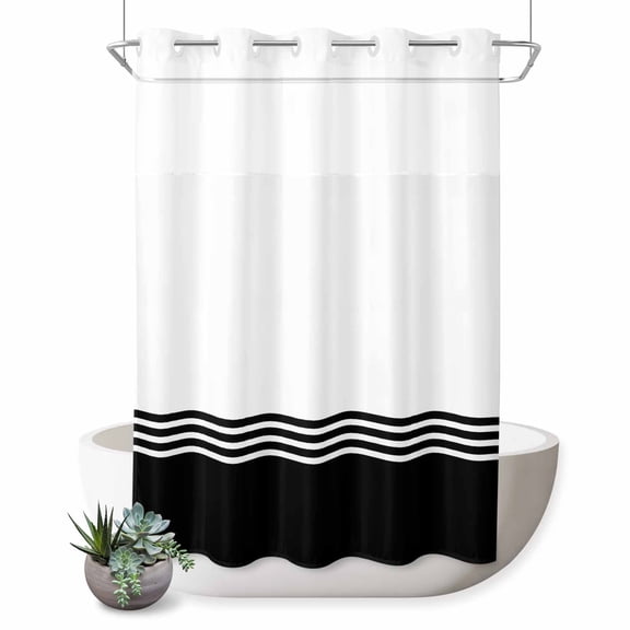 No Hook Shower Curtain, Black White Striped Waterproof Fabric Shower Curtains for Bathroom, Modern Abstract Art Aesthetics Bathroom Curtain with Mesh Top Window for Home Hotel Bathtub 60"x72"