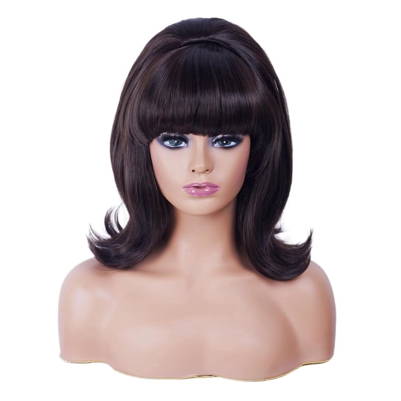 Short Wavy Dark Brown Wig with Bang Beehive Wigs for Women fits 80s Party