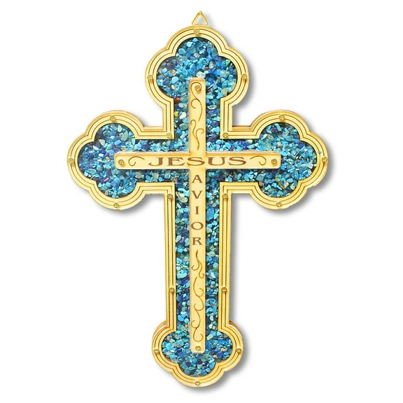 My Daily Styles Large Wooden Christian Cross Jesus Savior Simulated Gemstones Turquoise Wall Decor - Made in Israel