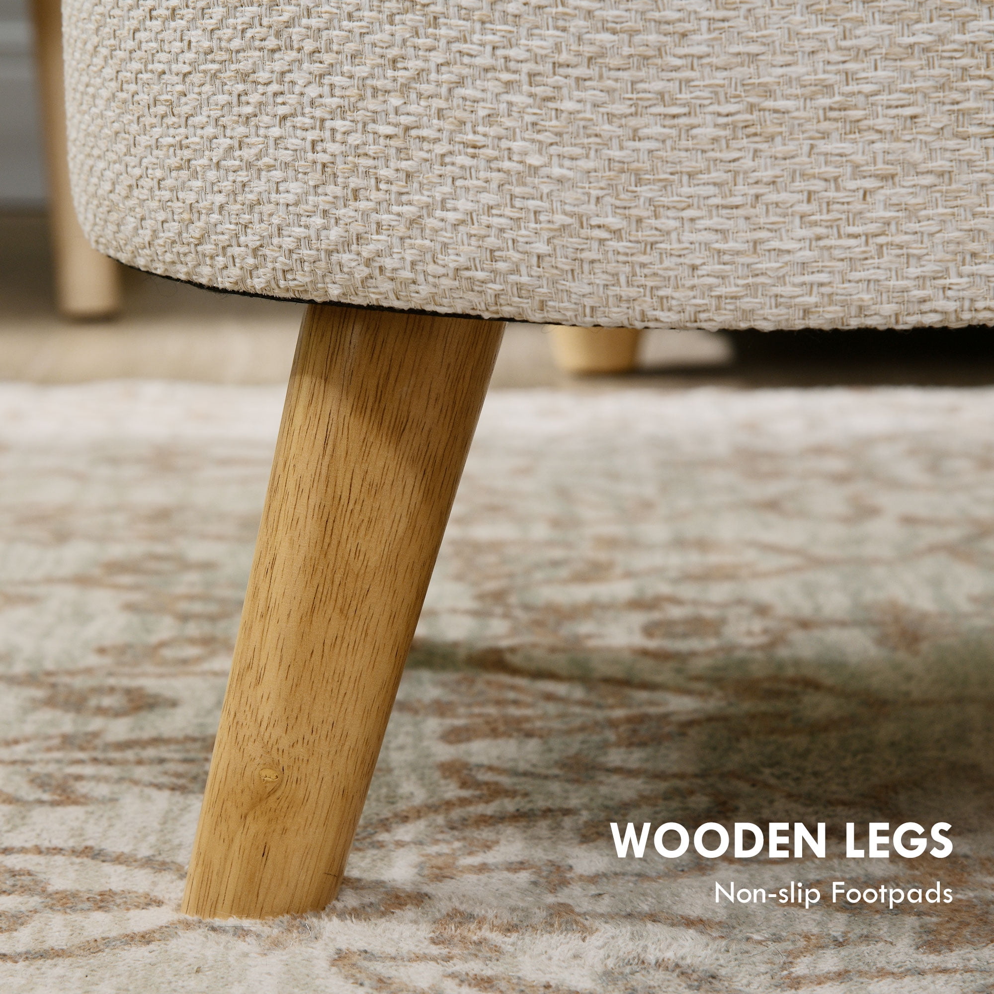 HOMCOM Storage Ottoman, Round Footstool with Linen Feel Fabric Upholstery, Removable Top, Hidden Space and Wood Legs for Living Room, Cream White