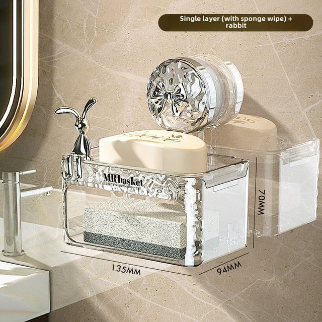 Premium Rabbit-Shaped Single-Layer Soap Dish with Drainage Design, Wall-Mounted Suction Cup Holder for Bathroom, No-Drill Installation, Durable Plastic Construction, Includes Sponge Cleaner and