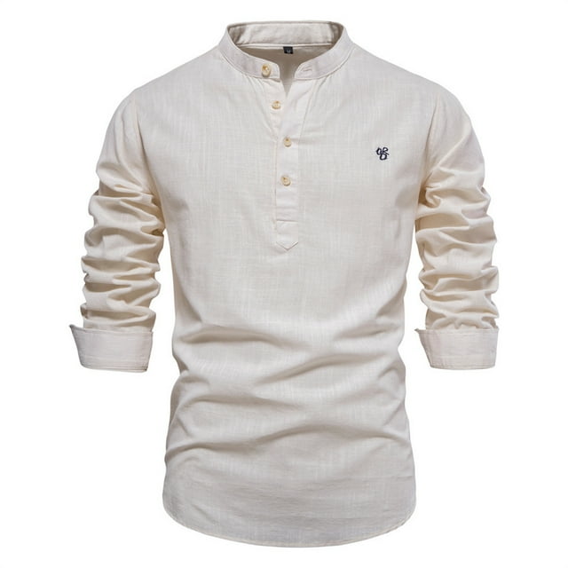 Camisas De Vestir Para Hombre Manga Larga Camiseta de manga larga de lino y algodón de color sólido con cuello levantado para hombres y (Khaki, M)