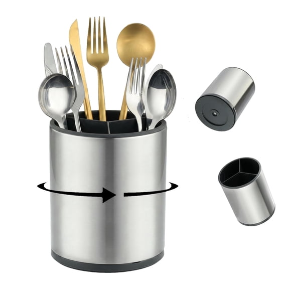 Stainless Steel Rotating Utensil Holder for Kitchen Counter, 360° Spatula & Cooking Tool Organizer Caddy, 3-Compartment Non-Slip Base, Large Capacity Silverware Holder