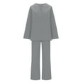 thumbnail image 3 of qolati Two Piece Sets for Women Solid 2 Piece Outfits Cotton Linen Oversized Button Down V Neck Long Sleeve Shirts High Waist Drawstring Wide Legs Pants Lounge Sets, 3 of 5