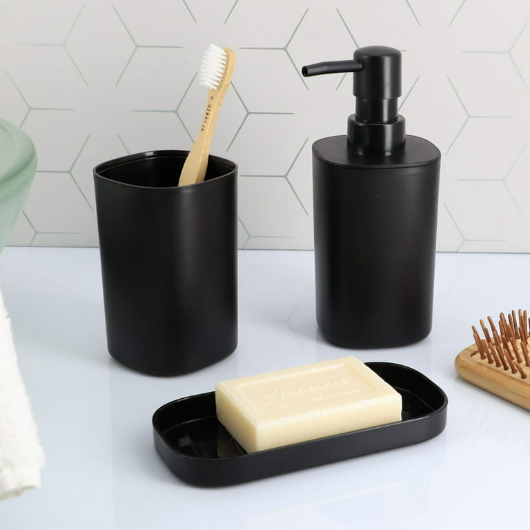 Bathroom Set - Includes Tumbler, Soap Dispenser and Soap Dish - Set of 3 Accessories - Black