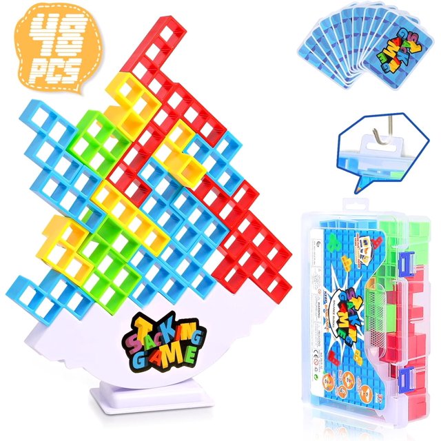 48 juegos de torre para adultos y niños, juegos de mesa de ataque apilados para fiestas de viajes familiares, 32 bloques de construcción de juguetes de equipo mezclan colores