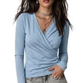 thumbnail image 5 of GILIGEGE Women Wrap V Neck Long Sleeve T Shirt,Soft Stretchy Ruched Fitted Blouse,Casual Solid Color Surplice Front Slim Fit Tops,Crisscross Waist,2026 Fall Fashion Going Out Outfits Light Blue S, 5 of 5