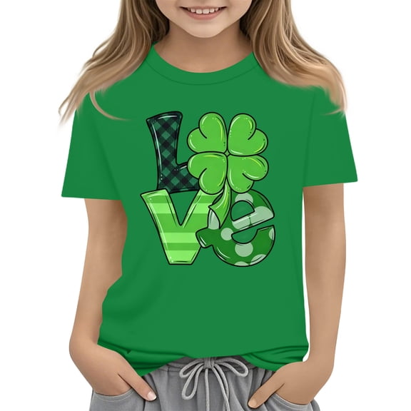 St Patricks Day Shirts Kids Girls Shamrock Short Sleeve Irish Shirts Casual Clover Graphic Tops St Patrick's Day Loose Fit Holiday Tshirts,Green 9-10 Years