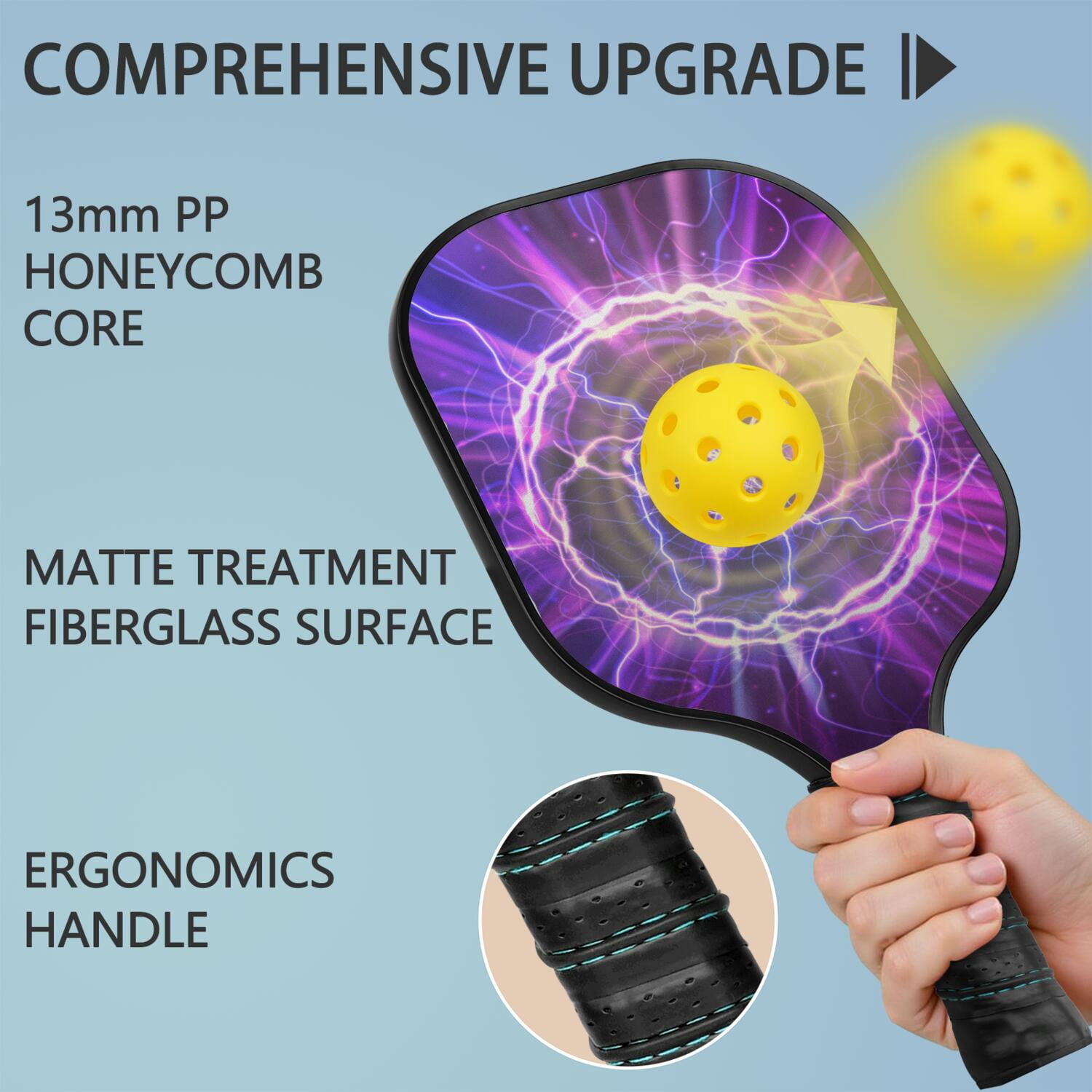 Pickleball Paddles Set Of 1, Fiberglass Surface, Speed, Lightning, Thunder Print, 1 Paddle, 2 Balls & Bag