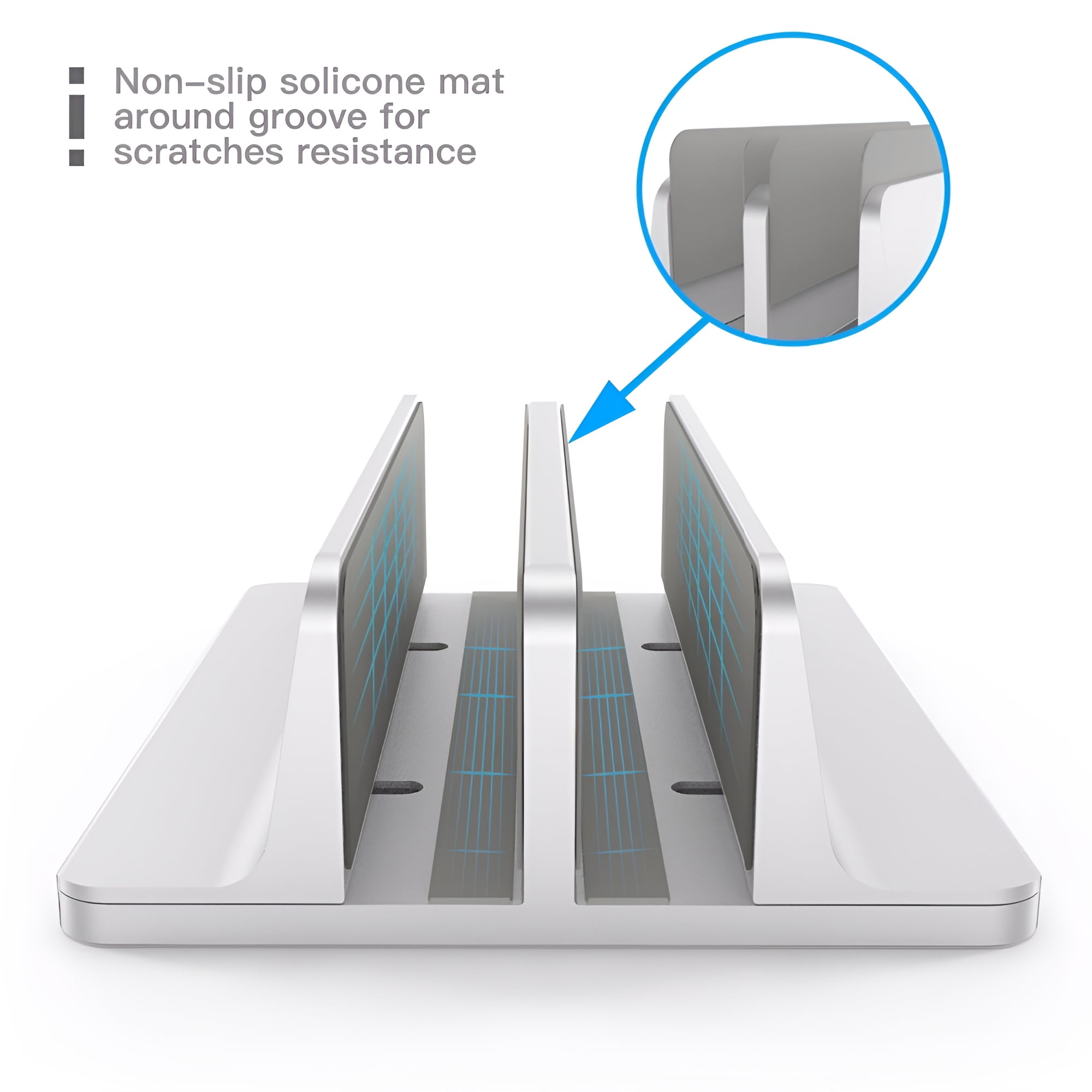 BEQU 2 Slots Vertical Laptop Stand/Holder (Silver), Heavy Duty Aluminum, Anti-Slip Silicone Pad, Adjustable, Fits All IPADs/Tablets/Laptops (MacBook/Windows/Linux/Chromebook upto 17.3 inches)