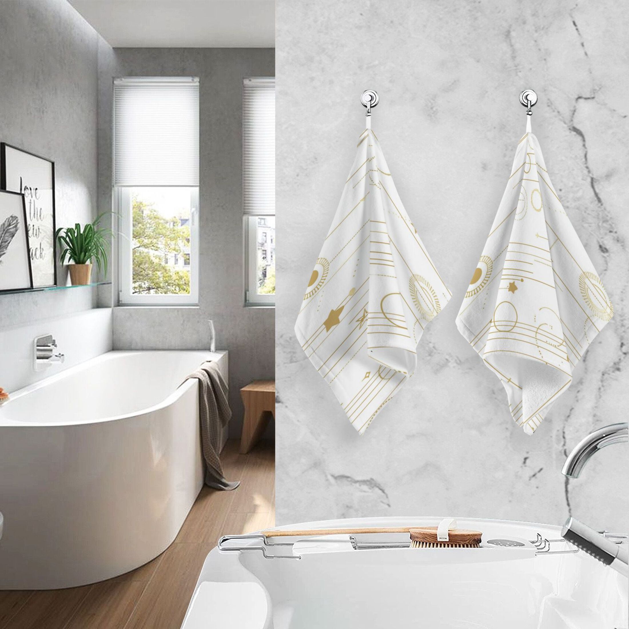 2 Pcs Absorbent Face Towel Bath Hand Towels Soft Breathable Cotton Towel Set for Bathroom Kitchen Hotel Spa Decor Gold and White Geometric Pattern