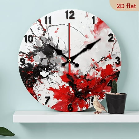 2D Flat 1pc 10Inch Wooden 1pc Modern Abstract Painting Wall Clock - Red, Black, Gray, White, and Golden Accent - Non-Ticking Silent Operation - Minimalist Decor for Living Room, Bedroom, Office