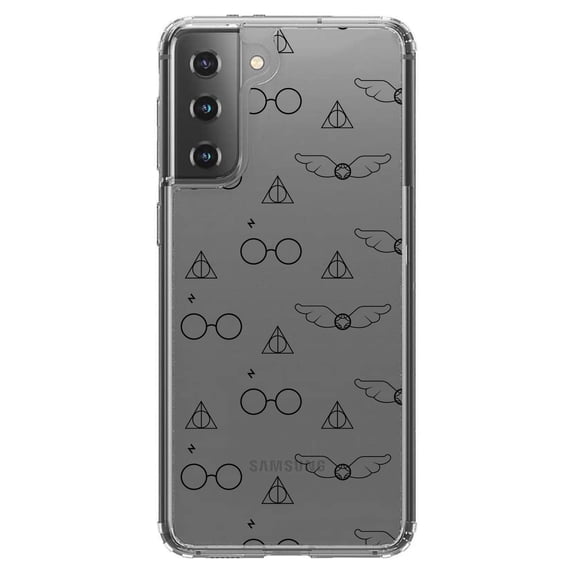 DistinctInk Clear Shockproof Hybrid Case for Galaxy S21  PLUS 5G (6.7" Screen) - TPU Bumper, Acrylic Back, Tempered Glass Screen Protector - Round Glasses with Symbol and Snitch