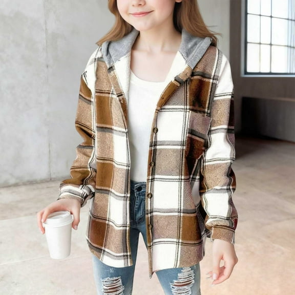 Pink Jacket for Girls Size 14-16 Flannel Jacket For Girls Trendy - Fleece Lined Button Down Plaid Shacket Long Sleeve Hooded Jackets Fall Winter Coat